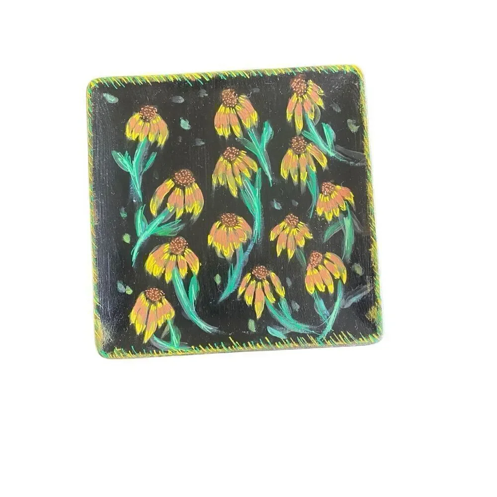 Hand painted Trinket vanity  tray sunflowers yellow black floral one of a kind